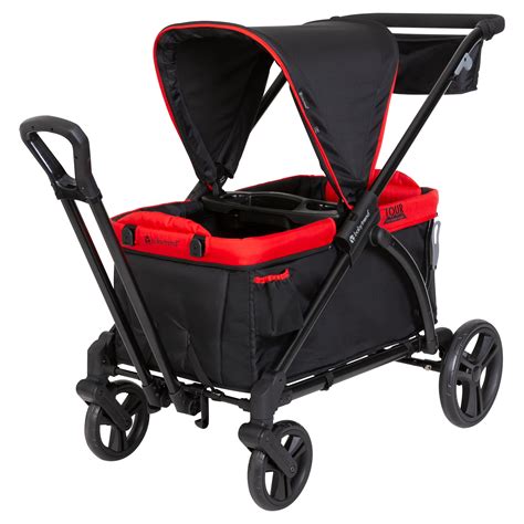 The Baby Trend® Tour LTE 2-in-1 Stroller Wagon is equipped with 9" rear wheels and durable 7" front wheels for easy manoeuvrability. With the Flip-up/down Pull Handle, parents can easily transform the "Push" stroller into a "Pull" wagon mode. The compact flat fold allows the wagon to be easily stored and transported.